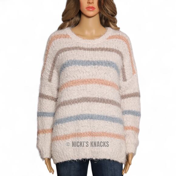 Entro Fuzzy Eyelash Chenille Stripe Sweater Cream Pullover Soft Cozy Knit Size M - Picture 3 of 13